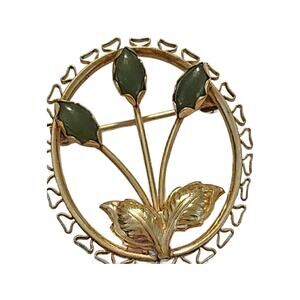 Gold Filled Oval Pin w Flowers of Jade, 1/20 12K